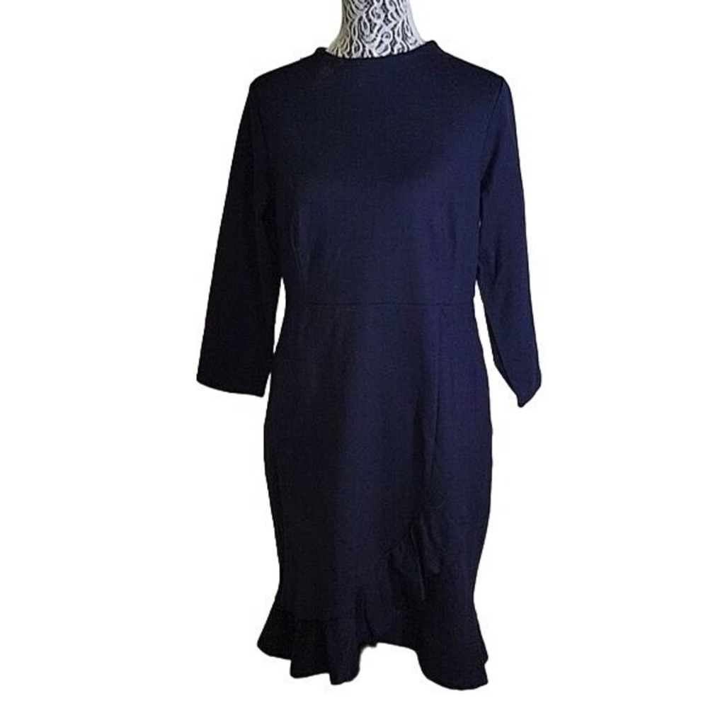 J. Jill NEW Navy Blue Dress 3/4 Sleeve Ruffle Hem Career M designer Office siren
